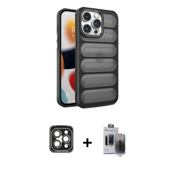 ieg™ iPhone 15 Pro Max Kılıf Yadigar Doku Özel Seri - Siyah Vanessa Magic Hayalet Cam + PVD Metal Kamera Lens - GI
