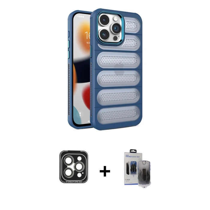 ieg™ iPhone 15 Pro Max Kılıf Yadigar Doku Özel Seri - Siyah Vanessa Magic Hayalet Cam + PVD Metal Kamera Lens - GI