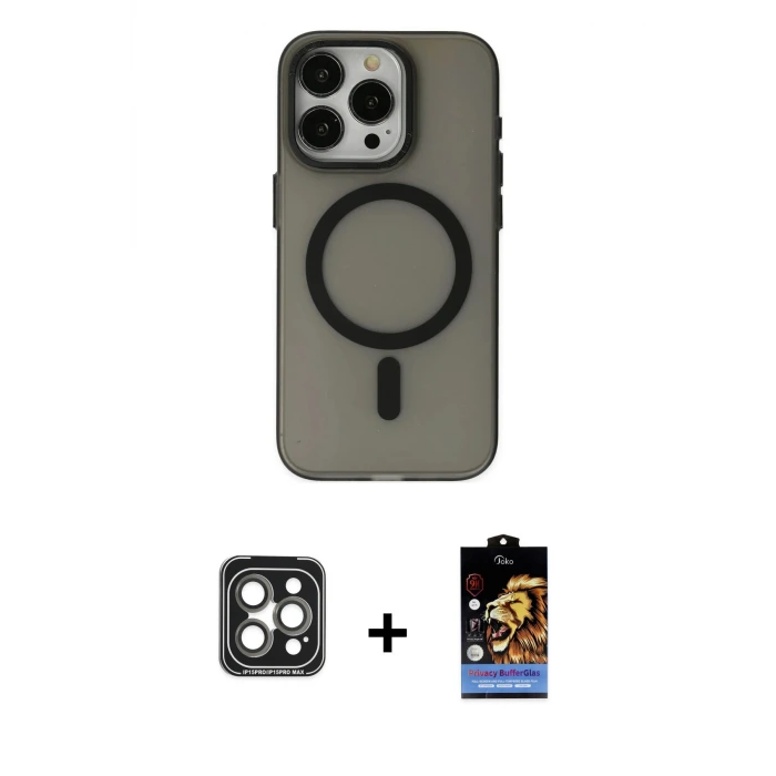 ieg™ iPhone 15 Pro Max Kılıf Yadigar Işık - Siyah Buffer Hayalet Cam Ekran Koruyucu + PVD Metal Kamera Lens - GI