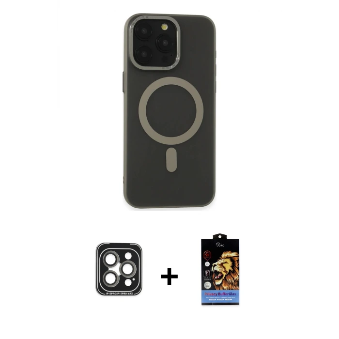 ieg™ iPhone 15 Pro Max Kılıf Yadigar Işık - Siyah Buffer Hayalet Cam Ekran Koruyucu + PVD Metal Kamera Lens - GI