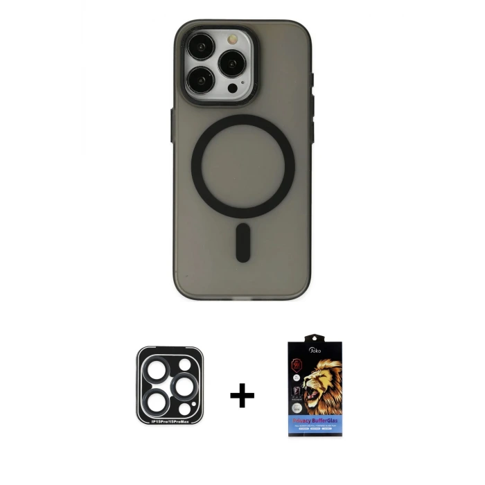 ieg™ iPhone 15 Pro Max Kılıf Yadigar Işık - Siyah Buffer Hayalet Cam Ekran Koruyucu + PVD Metal Kamera Lens - LT