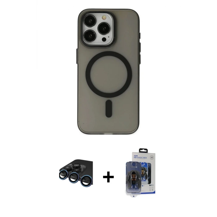 ieg™ iPhone 15 Pro Max Kılıf Yadigar Işık - Siyah Vanessa Magic Cam + Raze Metal Kamera Lens - LT