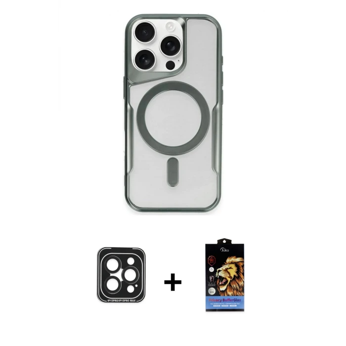 ieg™ iPhone 15 Pro Max Kılıf Yadigar Klasik Özel Seri - Siyah Buffer Hayalet Cam Ekran Koruyucu + PVD Metal Kamera Lens - SH