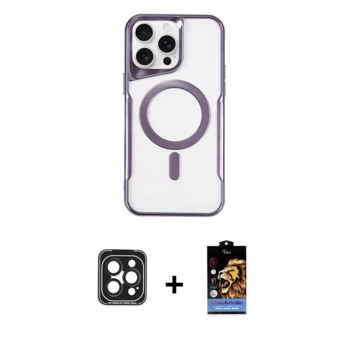 ieg™ iPhone 15 Pro Max Kılıf Yadigar Klasik Özel Seri - Siyah Buffer Hayalet Cam Ekran Koruyucu + PVD Metal Kamera Lens - SH