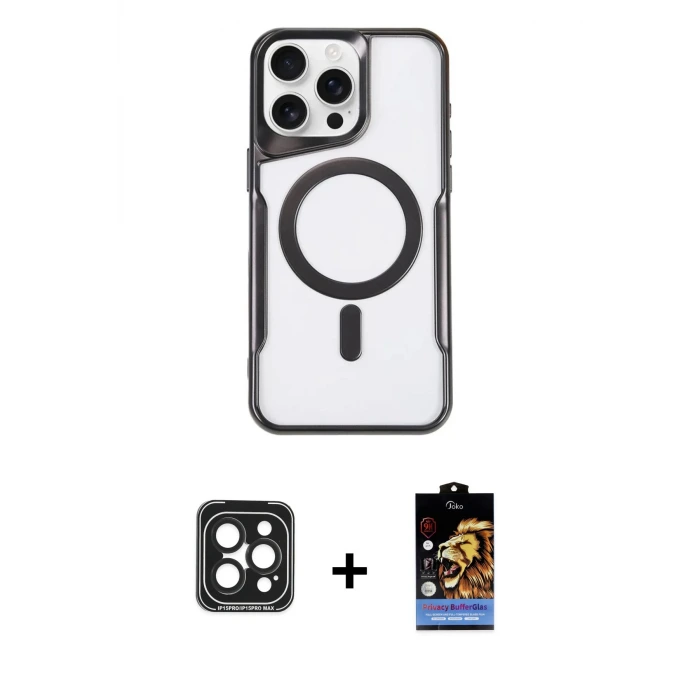 ieg™ iPhone 15 Pro Max Kılıf Yadigar Klasik Özel Seri - Siyah Buffer Hayalet Cam Ekran Koruyucu + PVD Metal Kamera Lens - SH