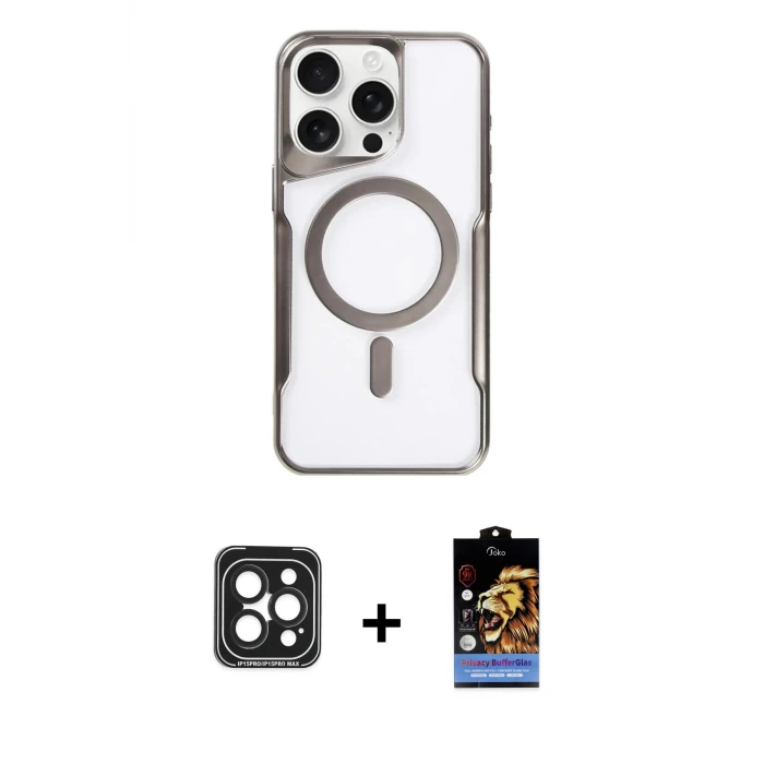ieg™ iPhone 15 Pro Max Kılıf Yadigar Klasik Özel Seri - Siyah Buffer Hayalet Cam Ekran Koruyucu + PVD Metal Kamera Lens - SH