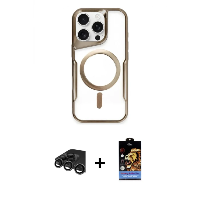 ieg™ iPhone 15 Pro Max Kılıf Yadigar Klasik Özel Seri - Siyah Buffer Hayalet Cam Ekran Koruyucu + Raze Metal Kamera Lens - TMGI