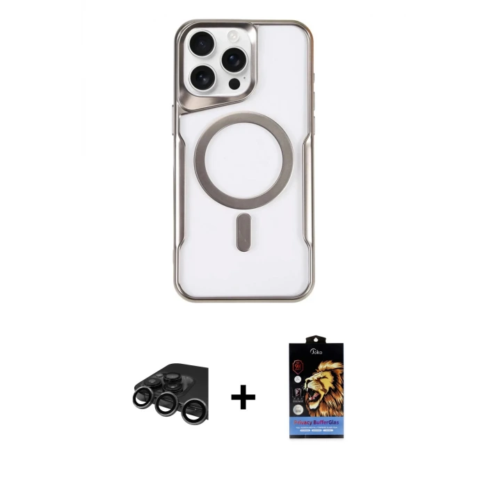 ieg™ iPhone 15 Pro Max Kılıf Yadigar Klasik Özel Seri - Siyah Buffer Hayalet Cam Ekran Koruyucu + Raze Metal Kamera Lens - TMGI