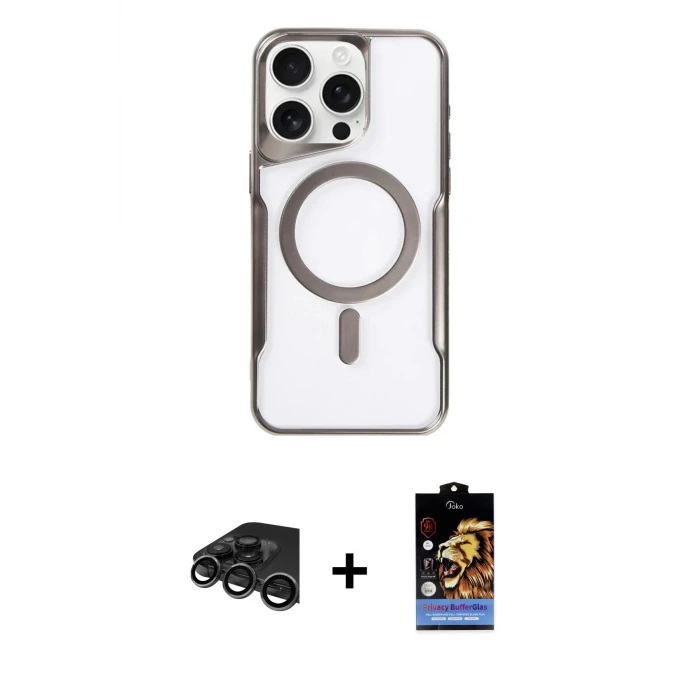 ieg™ iPhone 15 Pro Max Kılıf Yadigar Klasik Özel Seri - Siyah Buffer Hayalet Cam Ekran Koruyucu + Raze Metal Kamera Lens - TMGI