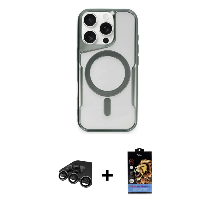 ieg™ iPhone 15 Pro Max Kılıf Yadigar Klasik Özel Seri - Siyah Buffer Hayalet Cam Ekran Koruyucu + Raze Metal Kamera Lens - TMGI