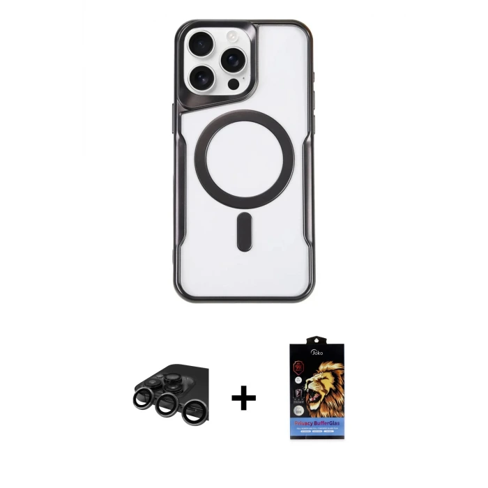 ieg™ iPhone 15 Pro Max Kılıf Yadigar Klasik Özel Seri - Siyah Buffer Hayalet Cam Ekran Koruyucu + Raze Metal Kamera Lens - TMGI
