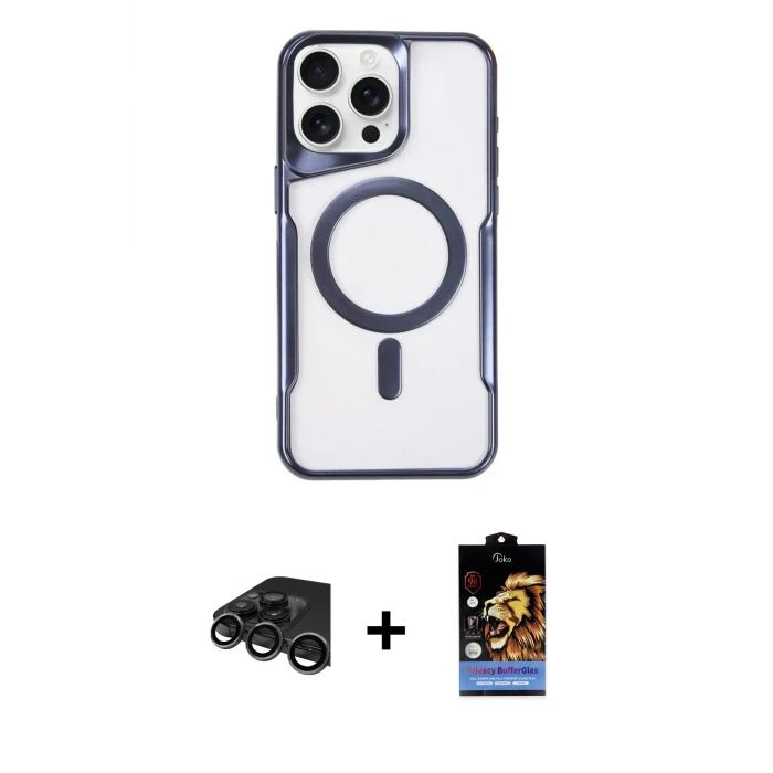 ieg™ iPhone 15 Pro Max Kılıf Yadigar Klasik Özel Seri - Siyah Buffer Hayalet Cam Ekran Koruyucu + Raze Metal Kamera Lens - TMGI
