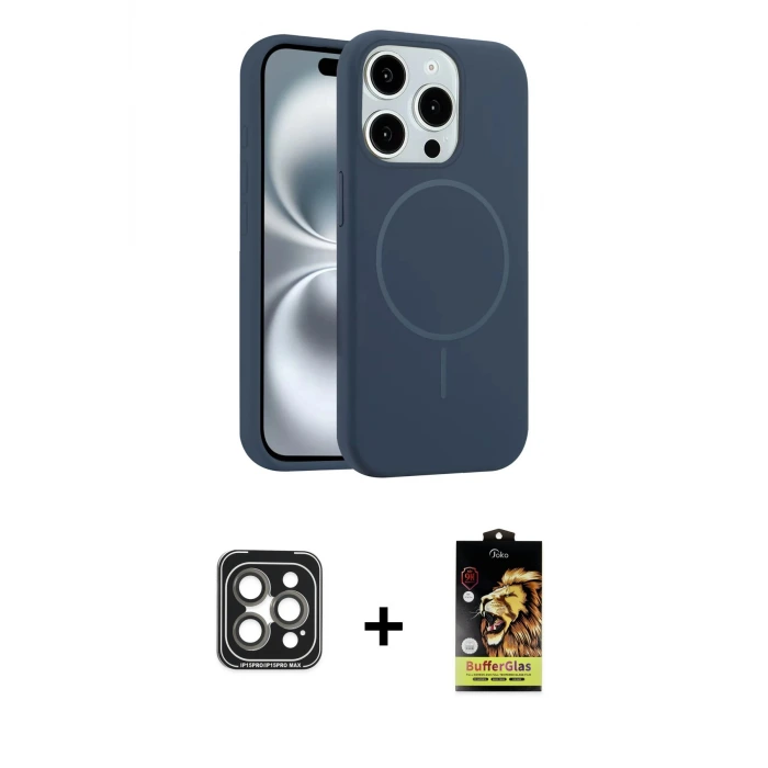 ieg™ iPhone 15 Pro Max Kılıf Yankı Form Serisi - Siyah Buffer Cam Ekran Koruyucu + PVD Metal Kamera Lens - GI