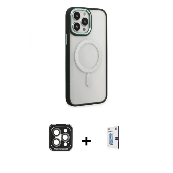 ieg™ iPhone 15 Pro Max Kılıf Yankı Işık Özel Seri - Siyah Bilvis 0.18mm Plus Cam Ekran Koruyucu + PVD Metal Kamera Lens - GI