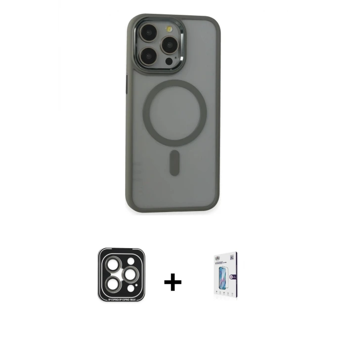 ieg™ iPhone 15 Pro Max Kılıf Yankı Işık Özel Seri - Siyah Bilvis 0.18mm Plus Cam Ekran Koruyucu + PVD Metal Kamera Lens - GI