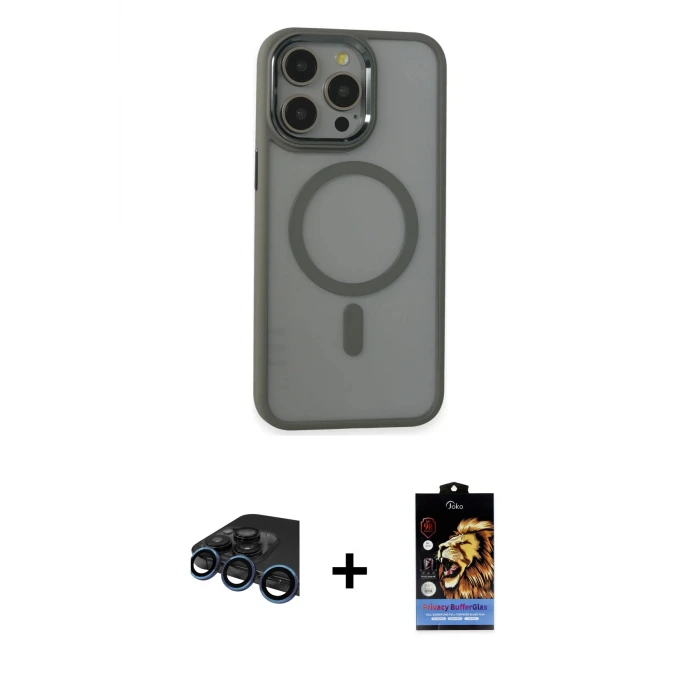 ieg™ iPhone 15 Pro Max Kılıf Yankı Işık Özel Seri - Siyah Buffer Hayalet Cam Ekran Koruyucu + Raze Metal Kamera Lens - LT