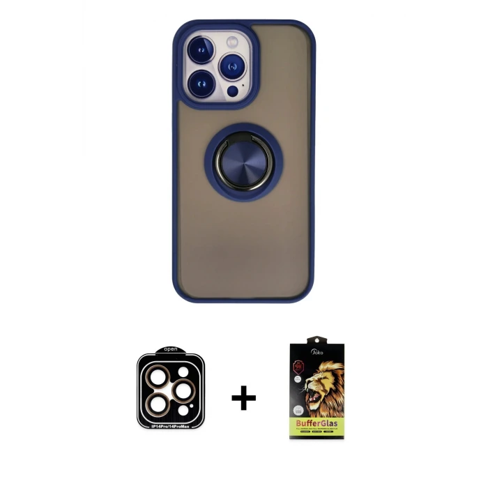 ieg™ iPhone 15 Pro Max Kılıf Yörünge Çizgi - Siyah Buffer Cam Ekran Koruyucu + PVD Metal Kamera Lens - TU