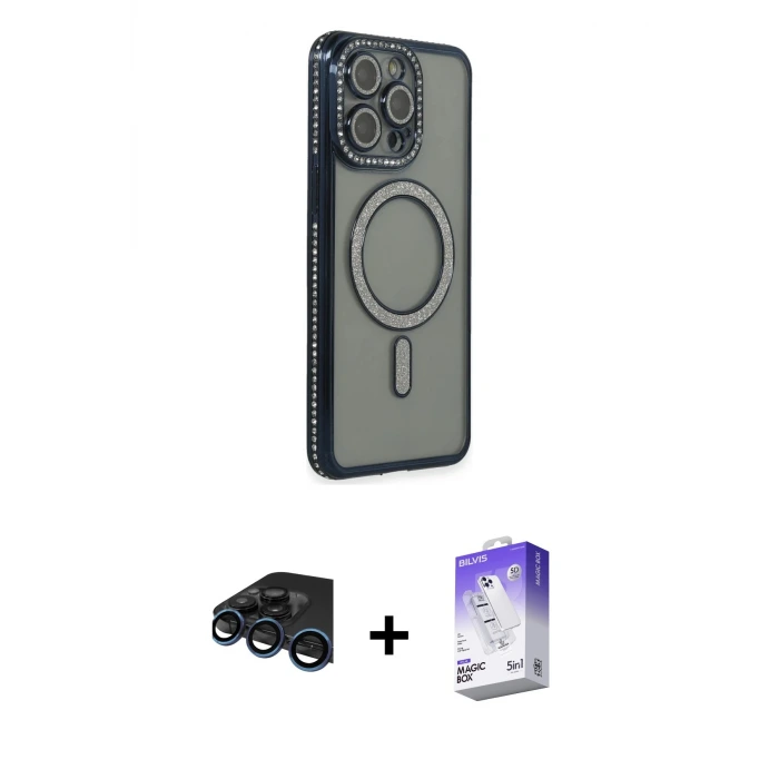 ieg™ iPhone 15 Pro Max Kılıf Zirve Doku Prime - Siyah Bilvis 5in1 3D Magic Cam Ekran Koruyucu + Raze Metal Kamera Lens - LT