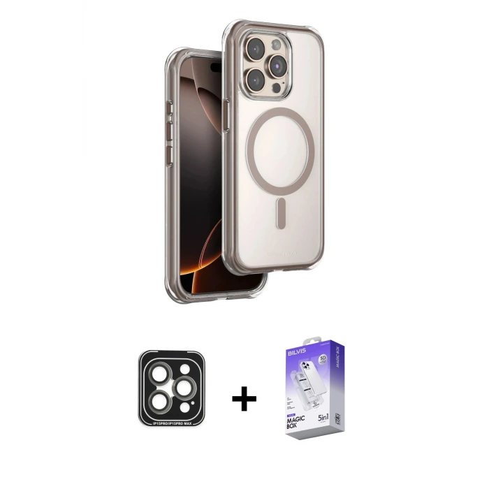 ieg™ iPhone 15 Pro Max Kılıf Zirve Klasik Prime - Siyah Bilvis 5in1 3D Magic Cam Ekran Koruyucu + PVD Metal Kamera Lens - GI
