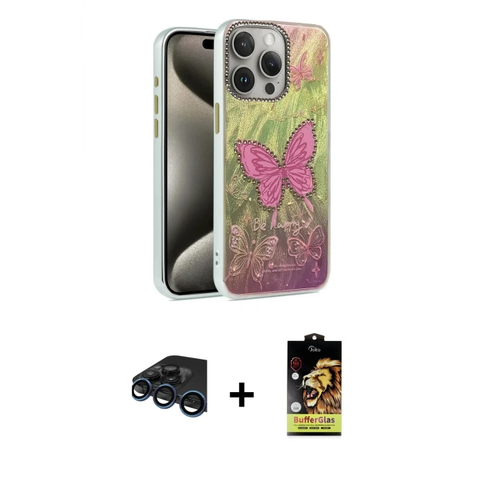 ieg™ iPhone 15 Pro Max Kılıf Zirve Modern Prime - Siyah Buffer Cam Ekran Koruyucu + Raze Metal Kamera Lens - LT