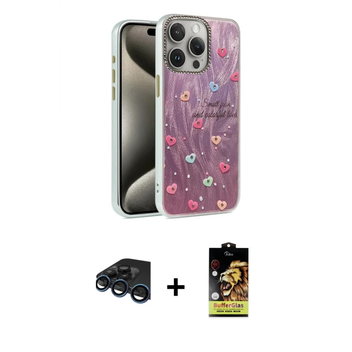 ieg™ iPhone 15 Pro Max Kılıf Zirve Modern Prime - Siyah Buffer Cam Ekran Koruyucu + Raze Metal Kamera Lens - LT