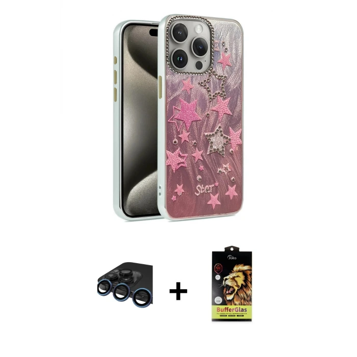 ieg™ iPhone 15 Pro Max Kılıf Zirve Modern Prime - Siyah Buffer Cam Ekran Koruyucu + Raze Metal Kamera Lens - LT