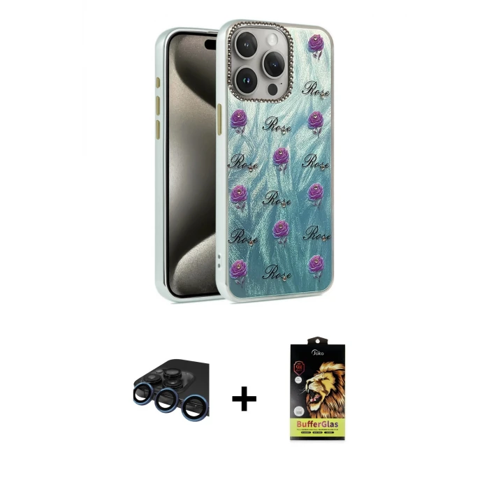 ieg™ iPhone 15 Pro Max Kılıf Zirve Modern Prime - Siyah Buffer Cam Ekran Koruyucu + Raze Metal Kamera Lens - LT