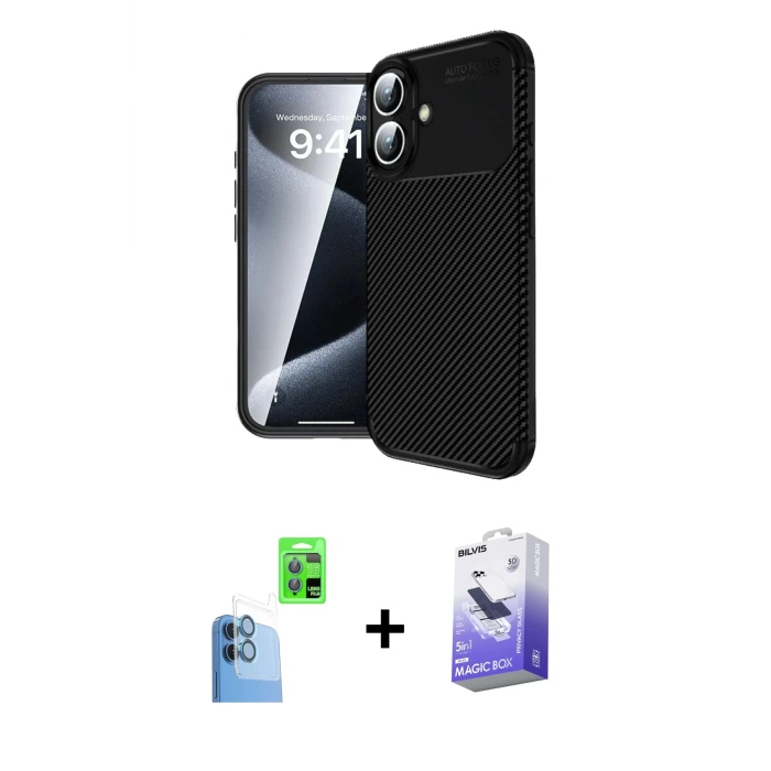 ieg™ iPhone 16 Kılıf Eksen Form Prime - Siyah Bilvis 5in1 5D Magic Hayalet Cam Ekran Koruyucu + Raze Metal Kamera Lens - LT