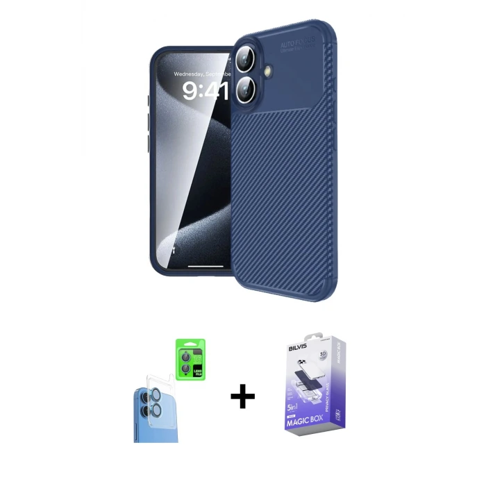 ieg™ iPhone 16 Kılıf Eksen Form Prime - Siyah Bilvis 5in1 5D Magic Hayalet Cam Ekran Koruyucu + Raze Metal Kamera Lens - LT