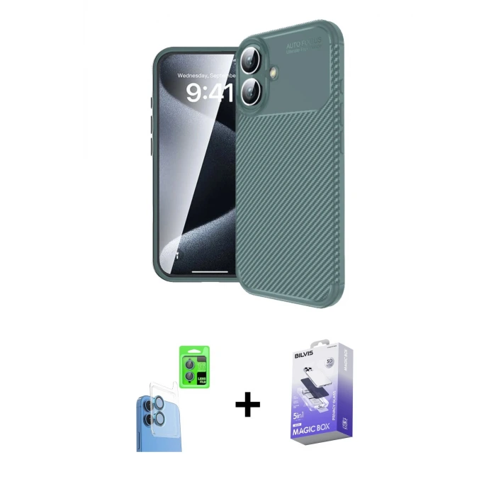 ieg™ iPhone 16 Kılıf Eksen Form Prime - Siyah Bilvis 5in1 5D Magic Hayalet Cam Ekran Koruyucu + Raze Metal Kamera Lens - LT