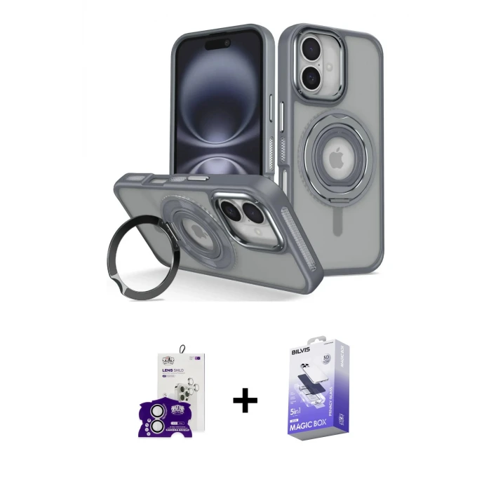 ieg™ iPhone 16 Kılıf Nova Minimal Serisi - Siyah Bilvis 5in1 5D Magic Hayalet Cam Ekran Koruyucu + Bilvis Titan Kamera Lens - GS