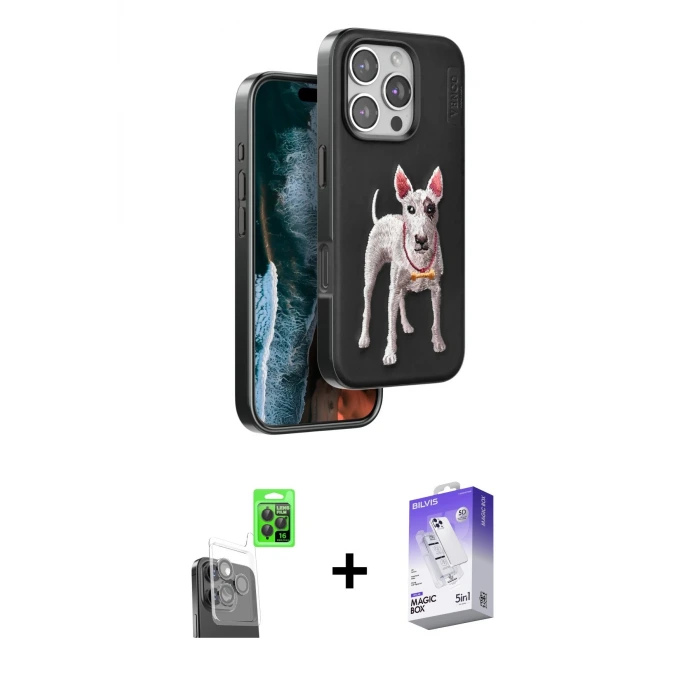 ieg™ iPhone 16 Pro Kılıf Nova Form Koleksiyonu - Siyah Bilvis 5in1 3D Magic Cam Ekran Koruyucu + Raze Metal Kamera Lens - SH