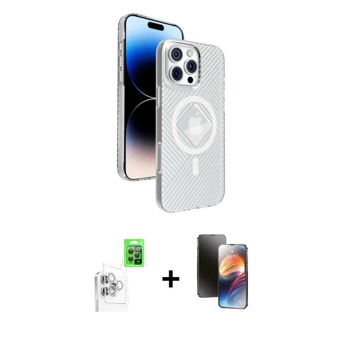 ieg™ iPhone 16 Pro Kılıf Nova Modern Prime - Siyah 3D Antistatik Mat Seramik Nano Ekran Koruyucu + Raze Metal Kamera Lens - BZ