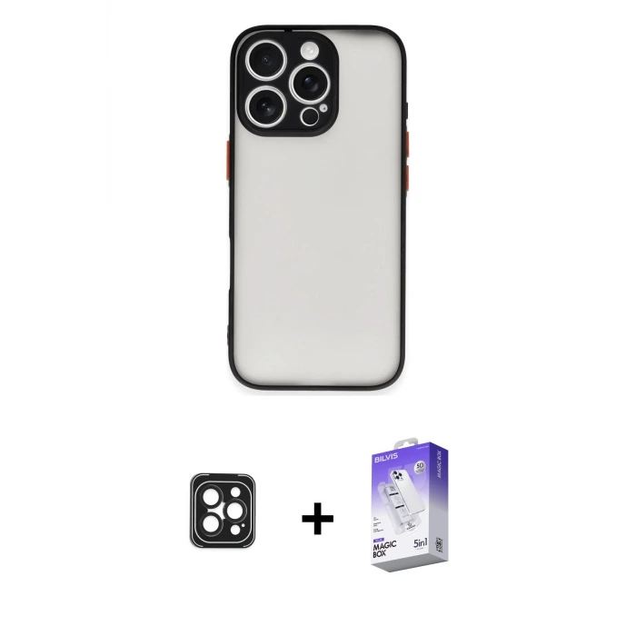 ieg™ iPhone 16 Pro Max Kılıf Ahenk Çizgi Serisi - Siyah Bilvis 5in1 3D Magic Cam Ekran Koruyucu + PVD Metal Kamera Lens - SH