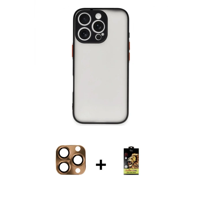ieg™ iPhone 16 Pro Max Kılıf Ahenk Çizgi Serisi - Siyah Buffer Cam Ekran Koruyucu + Pers Alüminyum Kamera Lens - CLTM