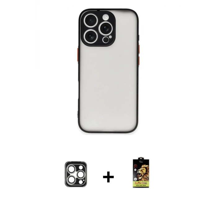 ieg™ iPhone 16 Pro Max Kılıf Ahenk Çizgi Serisi - Siyah Buffer Cam Ekran Koruyucu + PVD Metal Kamera Lens - GS