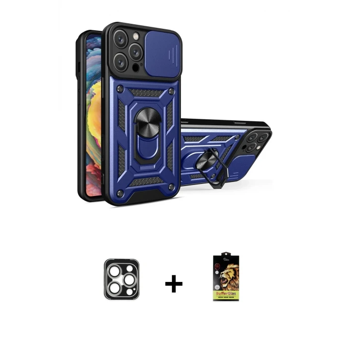 ieg™ iPhone 16 Pro Max Kılıf Ahenk Klasik - Siyah Buffer Cam Ekran Koruyucu + PVD Metal Kamera Lens - GS
