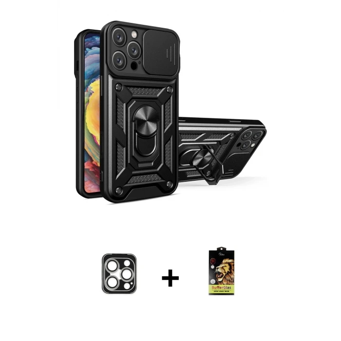 ieg™ iPhone 16 Pro Max Kılıf Ahenk Klasik - Siyah Buffer Cam Ekran Koruyucu + PVD Metal Kamera Lens - GS