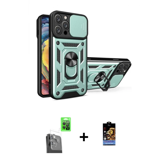ieg™ iPhone 16 Pro Max Kılıf Ahenk Klasik - Siyah Buffer Hayalet Cam Ekran Koruyucu + Raze Metal Kamera Lens - SH