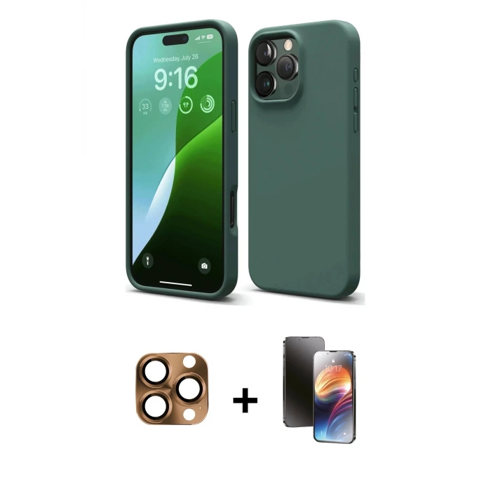 ieg™ iPhone 16 Pro Max Kılıf Ahenk Serisi - Siyah 3D Antistatik Mat Seramik Nano Ekran Koruyucu + Pers Alüminyum Kamera Lens - CLTM