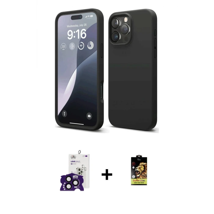 ieg™ iPhone 16 Pro Max Kılıf Ahenk Serisi - Siyah Buffer Cam Ekran Koruyucu + Bilvis Titan Kamera Lens - SH