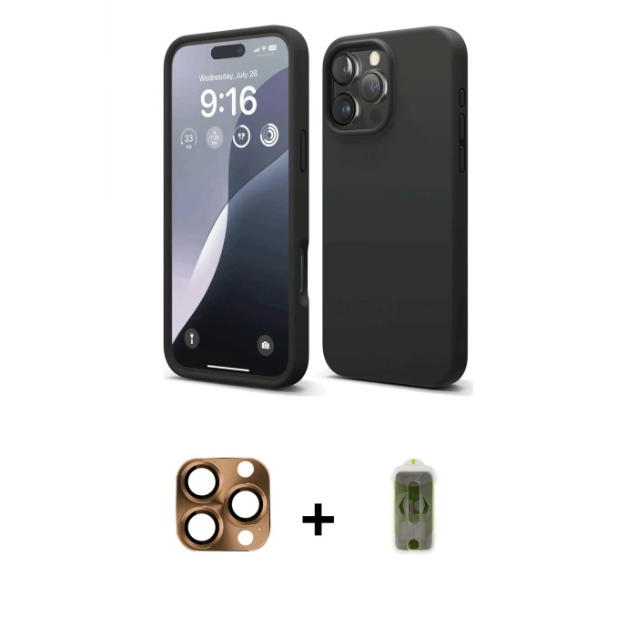 ieg™ iPhone 16 Pro Max Kılıf Ahenk Serisi - Siyah Joko Magic 5D Hayalet Cam + Pers Alüminyum Kamera Lens - CLTM