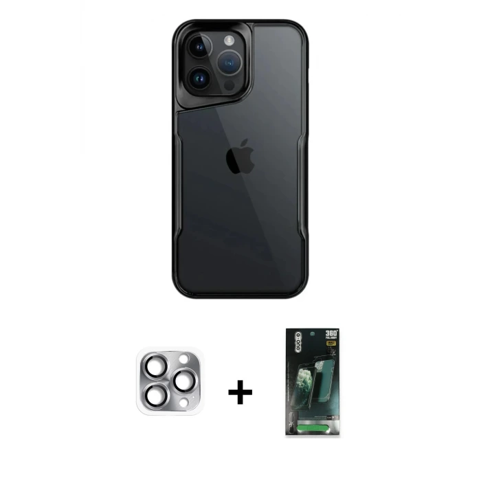 ieg™ iPhone 16 Pro Max Kılıf Akış Çizgi Koleksiyonu - Siyah 360 Mat Full Body Arka Koruyucu + Pers Alüminyum Kamera Lens - GI