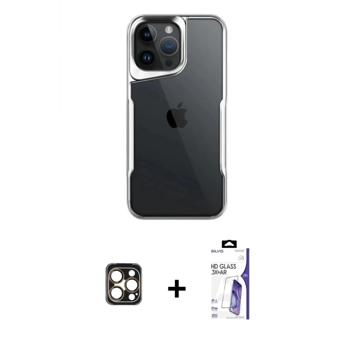 ieg™ iPhone 16 Pro Max Kılıf Akış Çizgi Koleksiyonu - Siyah Bilvis 3X AR HD Cam Ekran Koruyucu + PVD Metal Kamera Lens - GD