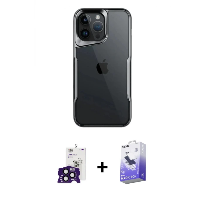 ieg™ iPhone 16 Pro Max Kılıf Akış Çizgi Koleksiyonu - Siyah Bilvis 5in1 5D Magic Hayalet Cam Ekran Koruyucu + Bilvis Titan Kamera Lens - SH