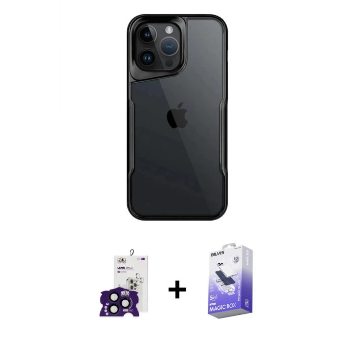 ieg™ iPhone 16 Pro Max Kılıf Akış Çizgi Koleksiyonu - Siyah Bilvis 5in1 5D Magic Hayalet Cam Ekran Koruyucu + Bilvis Titan Kamera Lens - SH