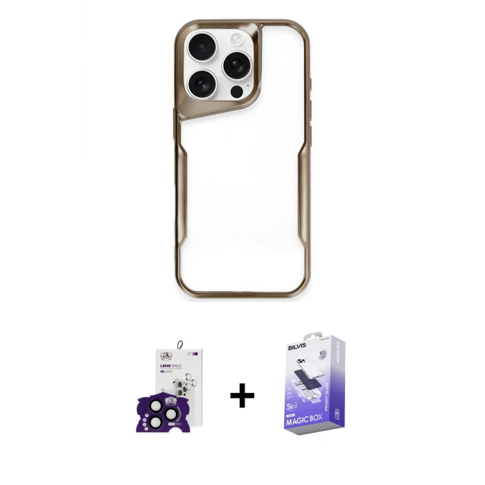 ieg™ iPhone 16 Pro Max Kılıf Akış Çizgi Koleksiyonu - Siyah Bilvis 5in1 5D Magic Hayalet Cam Ekran Koruyucu + Bilvis Titan Kamera Lens - SH