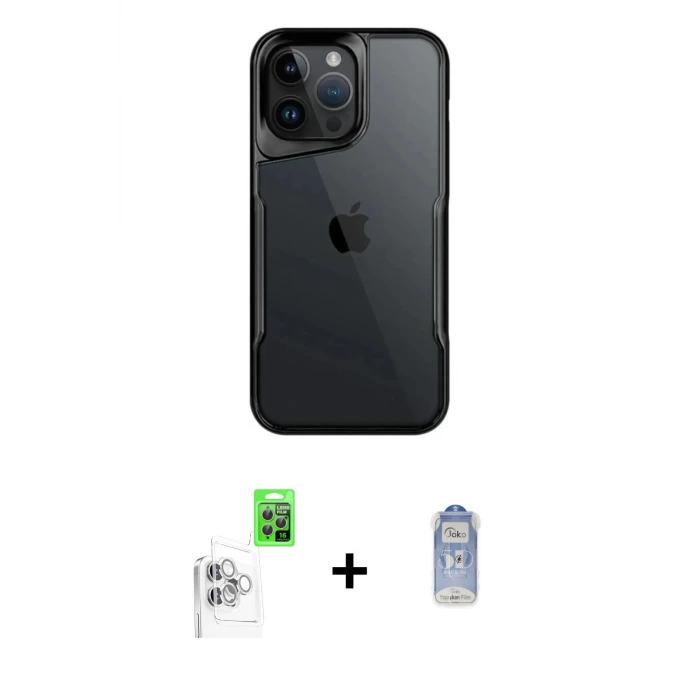 ieg™ iPhone 16 Pro Max Kılıf Akış Çizgi Koleksiyonu - Siyah Joko Magic 5D Cam + Raze Metal Kamera Lens - BZ