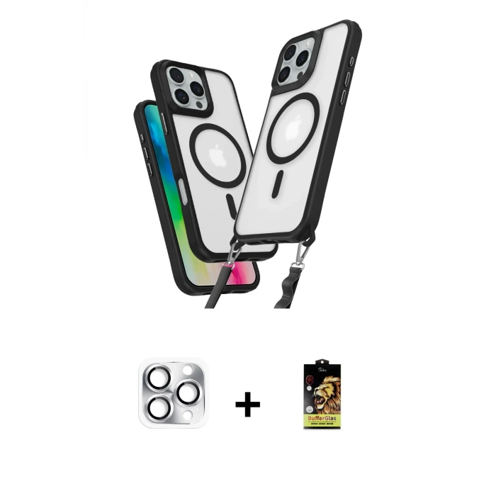 ieg™ iPhone 16 Pro Max Kılıf Atlas Doku Koleksiyonu - Siyah Buffer Cam Ekran Koruyucu + Pers Alüminyum Kamera Lens - GS