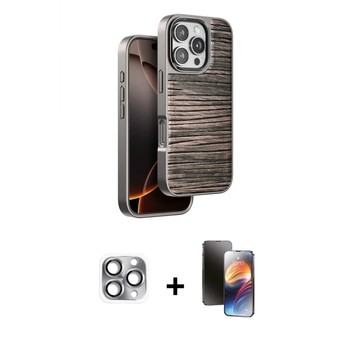 ieg™ iPhone 16 Pro Max Kılıf Atlas Minimal Özel Seri - Siyah 3D Antistatik Mat Seramik Nano Ekran Koruyucu + Pers Alüminyum Kamera Lens - GI